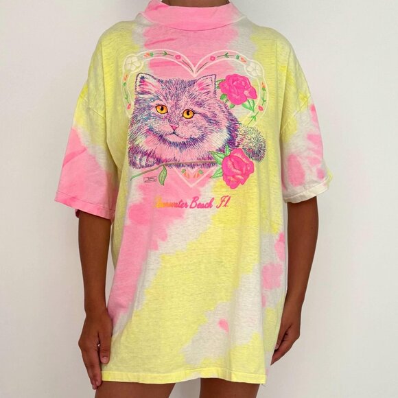 Vintage Tops - 90s vintage multicolor tie dye cat florida graphic travel souvenir cotton tshirt